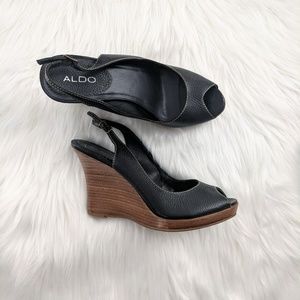 Aldo | Black Leather Wooden Heel Peep Toe Sz 10
